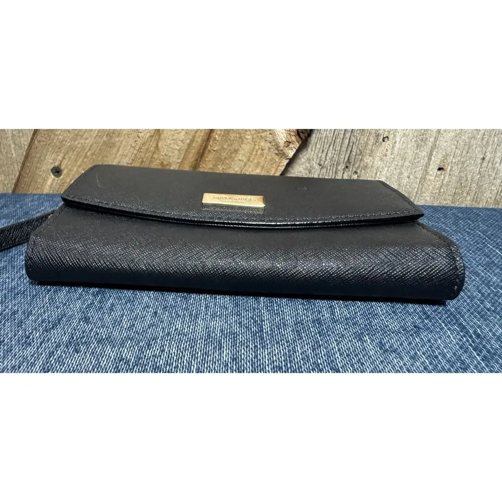 Black Kate Spade Saffiano Leather Trifold Wallet Gold-Toned Logo Plaque